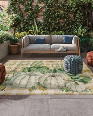 Fall Thanksgiving Large Outdoor Rug 6'x9' Patio Rug Indor Outdoor Rug Carpet for Patio Outdoor Area Rug for Porch Autumn Green Pumpkin Maple Leaf Check Plaid Rug for Camping Outside Rug for Balcony