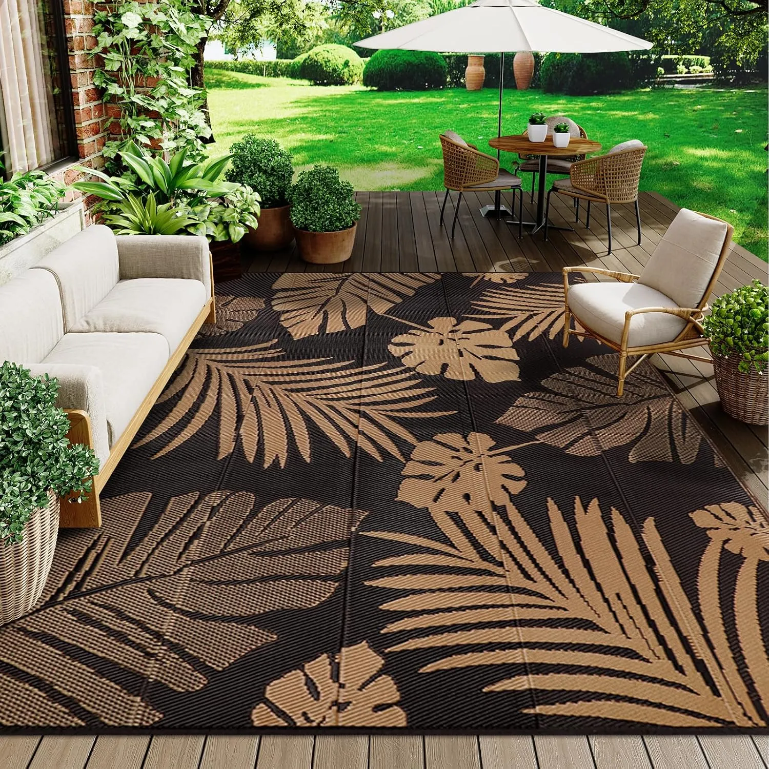 famibay Tropical Waterproof Outdoor Rug 6x9, Reversible All Weather Outdoor Plastic Straw Rug, Portable Lightweight Deck Carpet Outside Camping Rug RV Mat (Black/Tan)