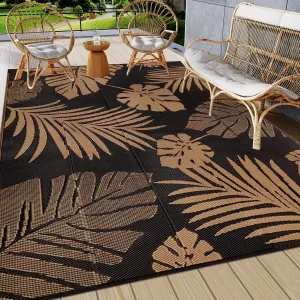 famibay Tropical Waterproof Outdoor Rug 6x9, Reversible All Weather Outdoor Plastic Straw Rug, Portable Lightweight Deck Carpet Outside Camping Rug RV Mat (Black/Tan)
