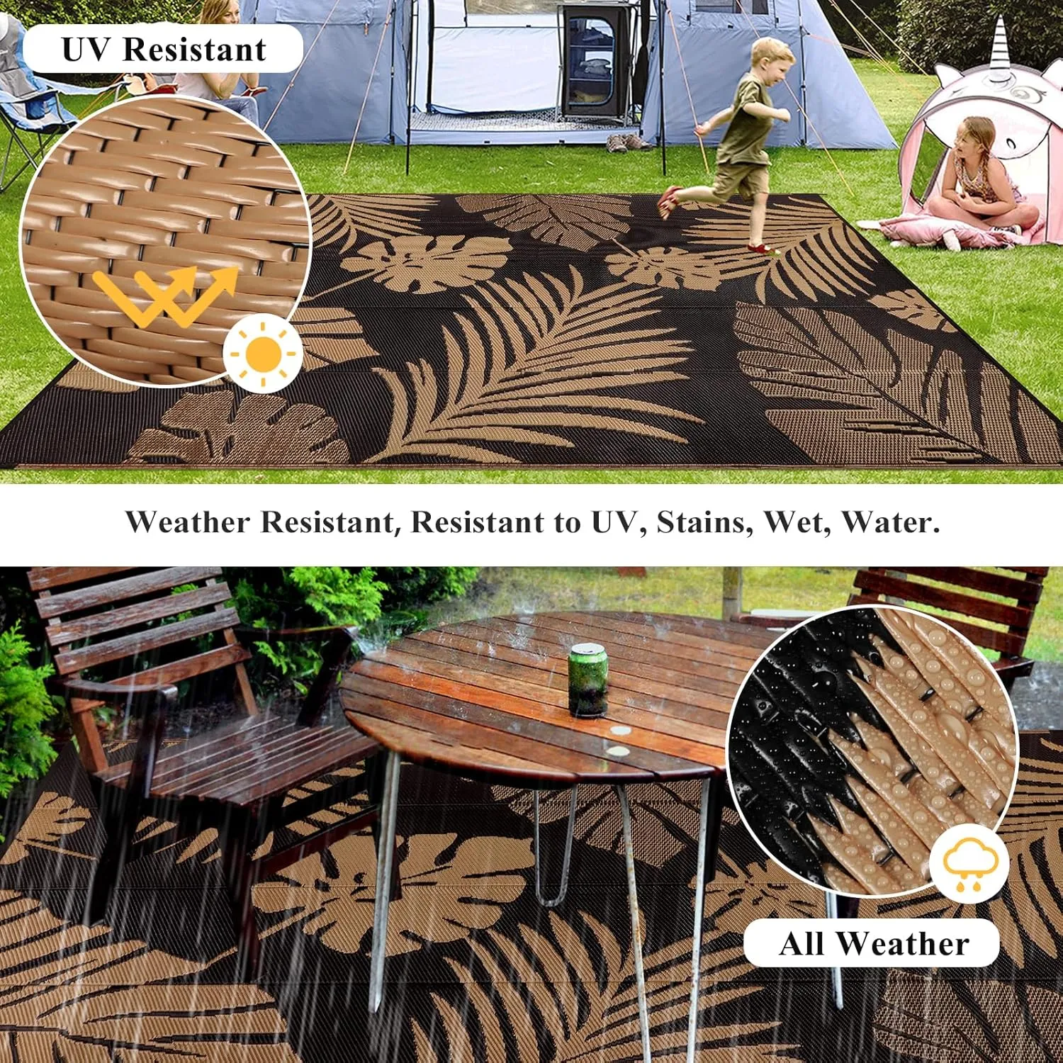 famibay Tropical Waterproof Outdoor Rug 6x9, Reversible All Weather Outdoor Plastic Straw Rug, Portable Lightweight Deck Carpet Outside Camping Rug RV Mat (Black/Tan)