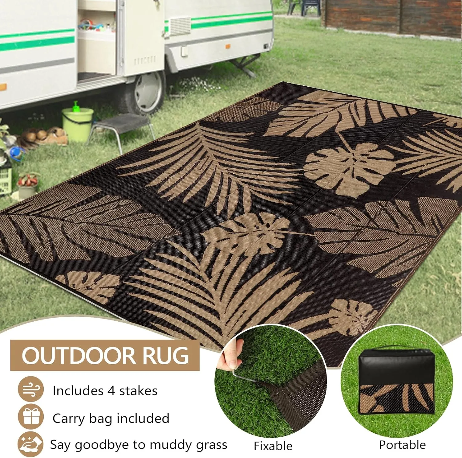 famibay Tropical Waterproof Outdoor Rug 6x9, Reversible All Weather Outdoor Plastic Straw Rug, Portable Lightweight Deck Carpet Outside Camping Rug RV Mat (Black/Tan)