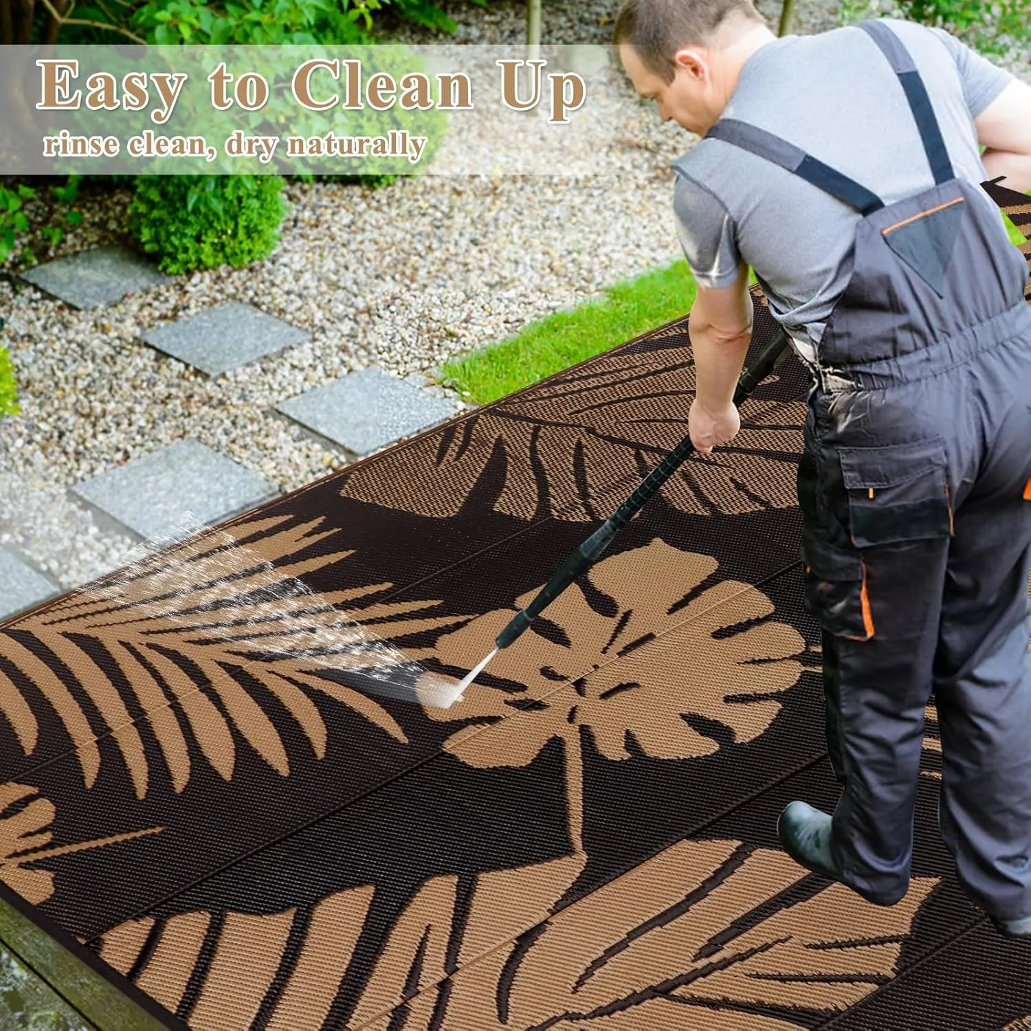 famibay Tropical Waterproof Outdoor Rug 6x9, Reversible All Weather Outdoor Plastic Straw Rug, Portable Lightweight Deck Carpet Outside Camping Rug RV Mat (Black/Tan)