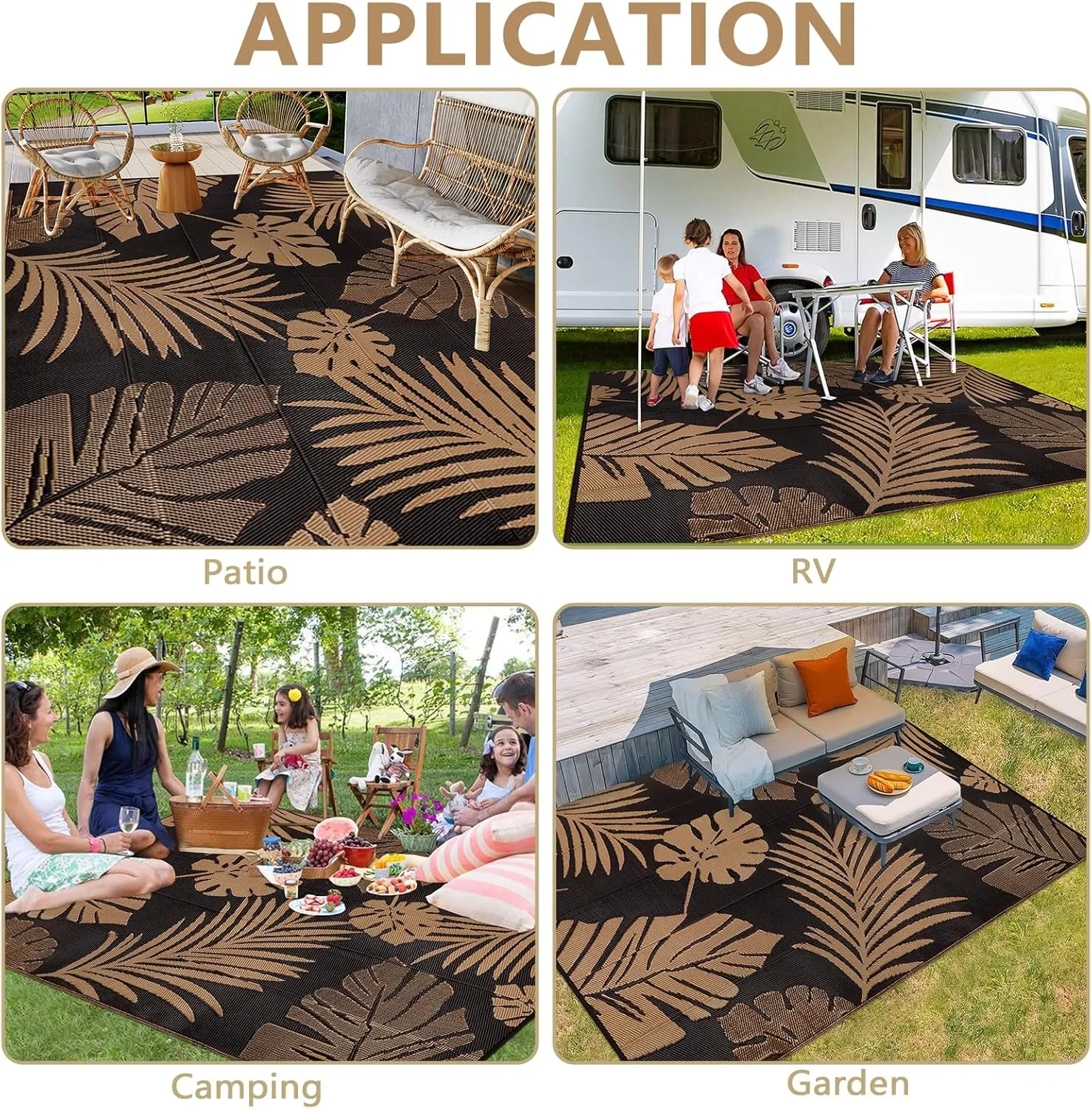 famibay Tropical Waterproof Outdoor Rug 6x9, Reversible All Weather Outdoor Plastic Straw Rug, Portable Lightweight Deck Carpet Outside Camping Rug RV Mat (Black/Tan)