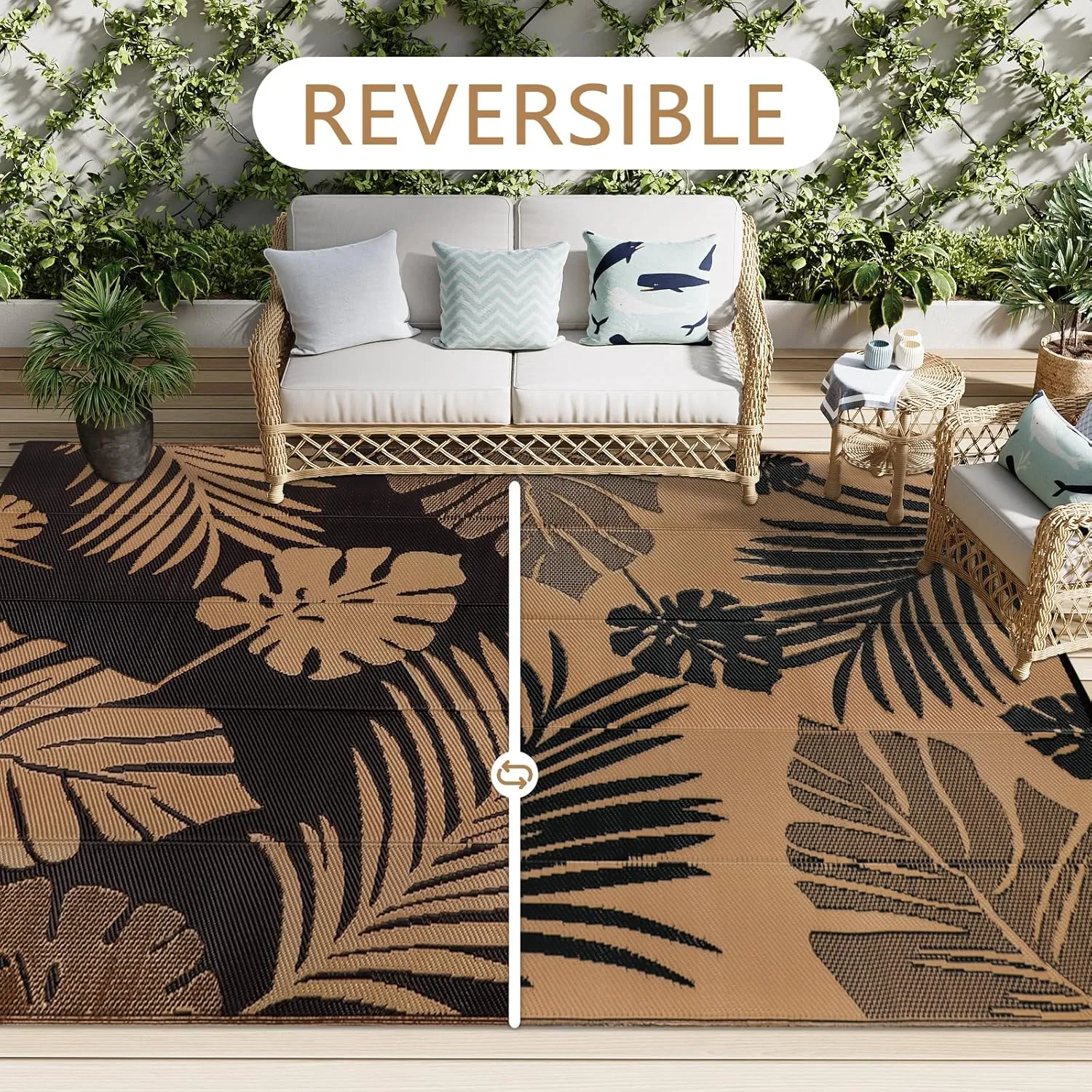 famibay Tropical Waterproof Outdoor Rug 6x9, Reversible All Weather Outdoor Plastic Straw Rug, Portable Lightweight Deck Carpet Outside Camping Rug RV Mat (Black/Tan)