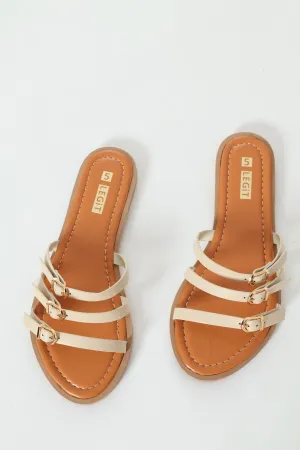 Flat Multistrap Buckle Mule Sandal  - White