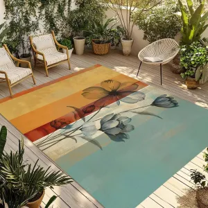 Floral Orange Outdoor Rug 4x6ft Large Patio Rug,Washable RV Camping Outside Area Runner Rug Mat,Multicolor Striped Decadent Botanical Flower Carpet for Picnic Backyard Deck Porch Balcony Beach Indoor