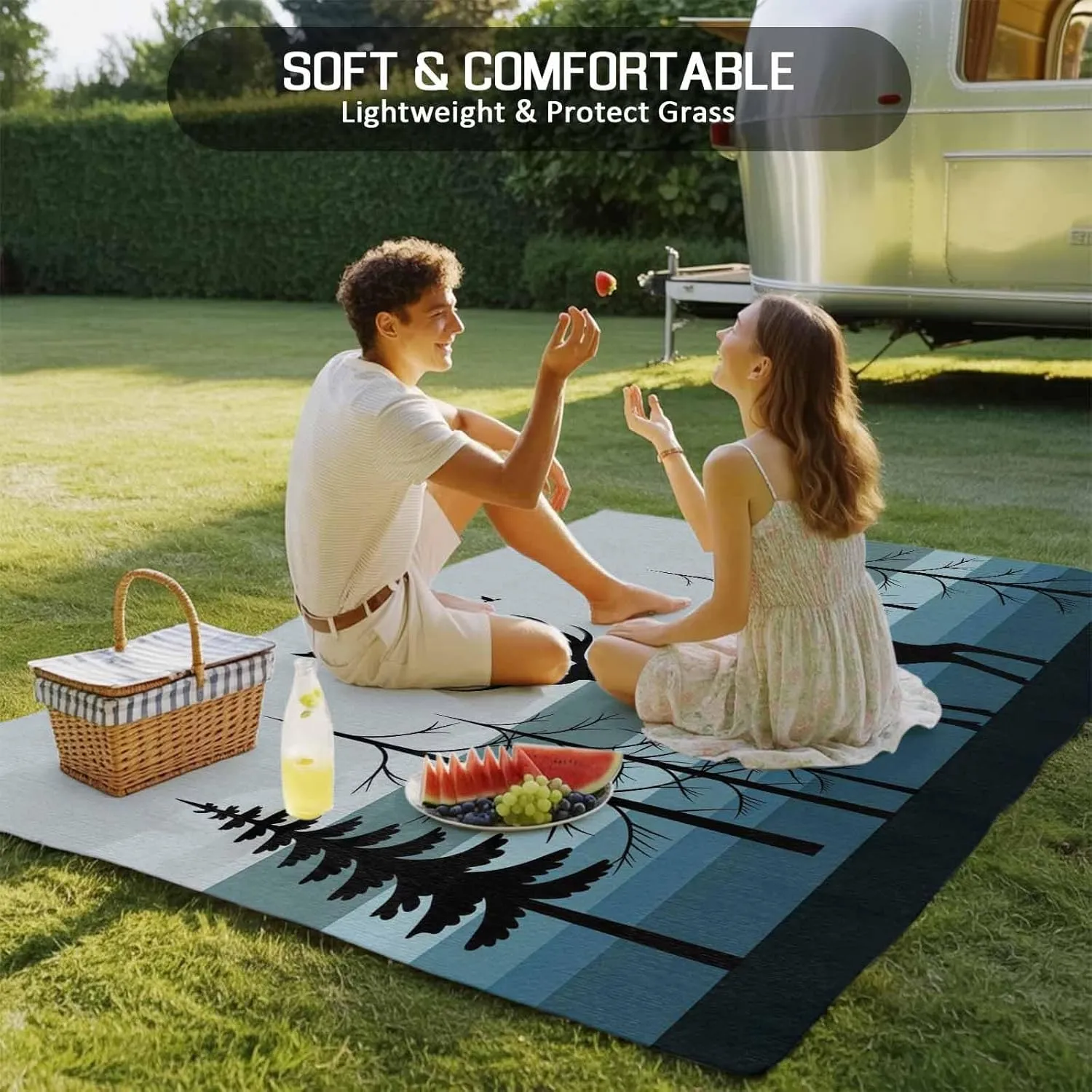 Forest Elk Outdoor Rug 4x6ft Large Patio Rug,Washable RV Camping Outside Area Runner Rug Mat,Retro Blue Ombre Stripes Tree Birds Animal Carpet for Picnic Backyard Deck Porch Balcony Beach & Indoor