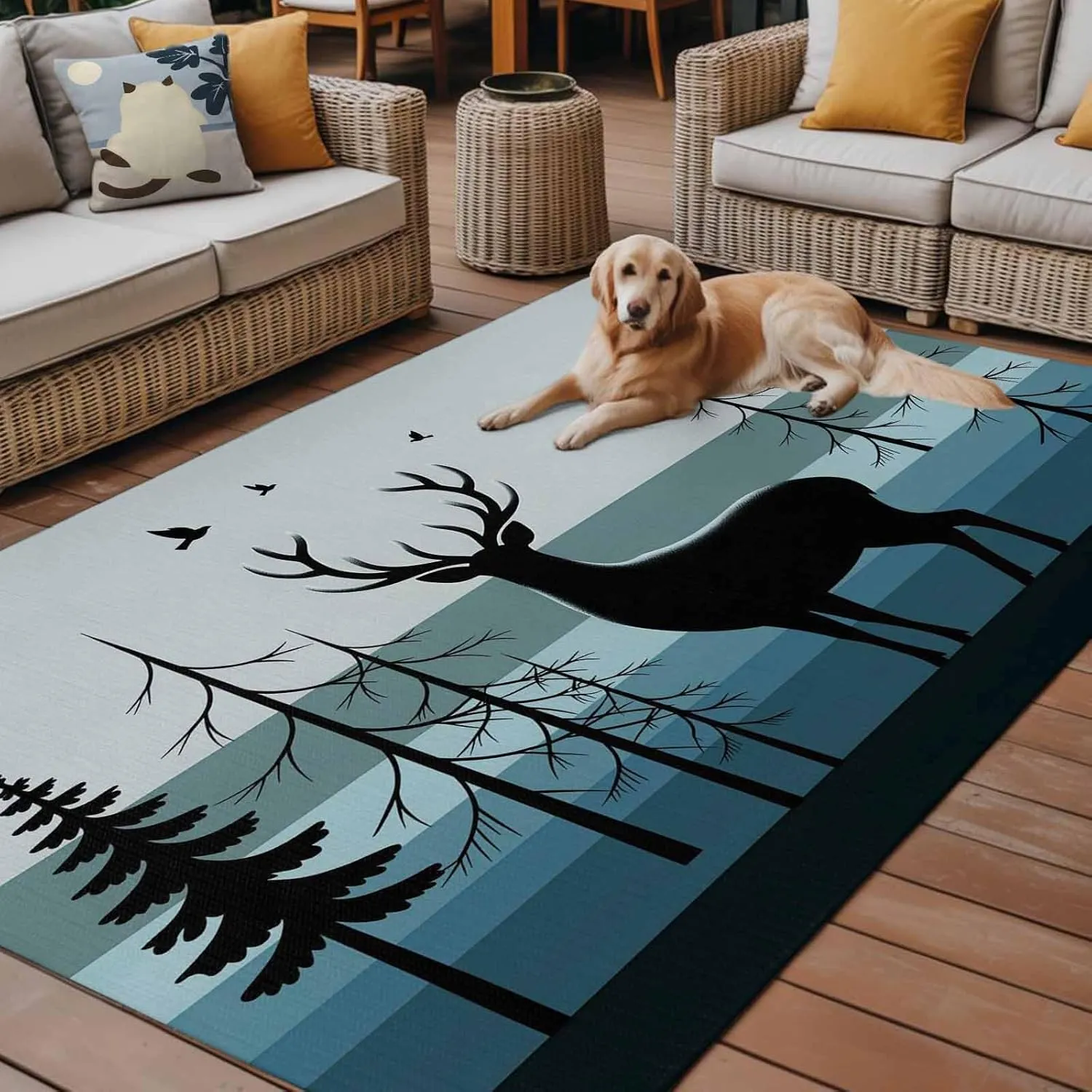 Forest Elk Outdoor Rug 4x6ft Large Patio Rug,Washable RV Camping Outside Area Runner Rug Mat,Retro Blue Ombre Stripes Tree Birds Animal Carpet for Picnic Backyard Deck Porch Balcony Beach & Indoor