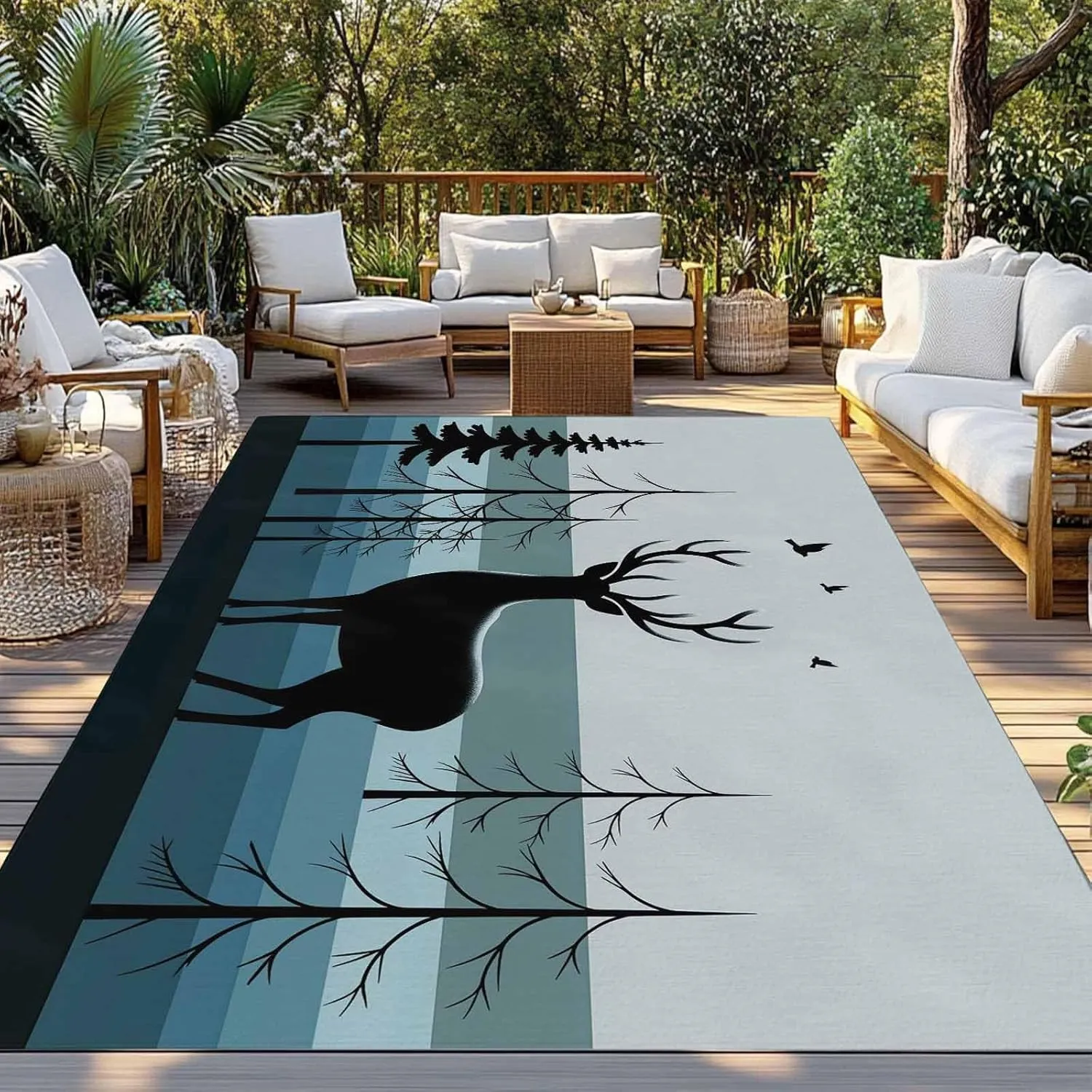 Forest Elk Outdoor Rug 4x6ft Large Patio Rug,Washable RV Camping Outside Area Runner Rug Mat,Retro Blue Ombre Stripes Tree Birds Animal Carpet for Picnic Backyard Deck Porch Balcony Beach & Indoor