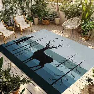 Forest Elk Outdoor Rug 4x6ft Large Patio Rug,Washable RV Camping Outside Area Runner Rug Mat,Retro Blue Ombre Stripes Tree Birds Animal Carpet for Picnic Backyard Deck Porch Balcony Beach & Indoor