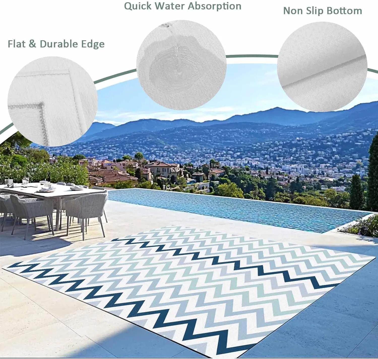 Gradient Blue Outdoor Rug 6x9ft Large Patio Rug,Washable RV Camping Outside Area Runner Rug Mat,Geometric Stripes Wave Chevron Pattern Carpet for Picnic Backyard Deck Porch Balcony Beach & Indoor