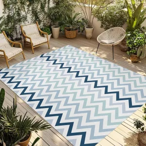 Gradient Blue Outdoor Rug 6x9ft Large Patio Rug,Washable RV Camping Outside Area Runner Rug Mat,Geometric Stripes Wave Chevron Pattern Carpet for Picnic Backyard Deck Porch Balcony Beach & Indoor