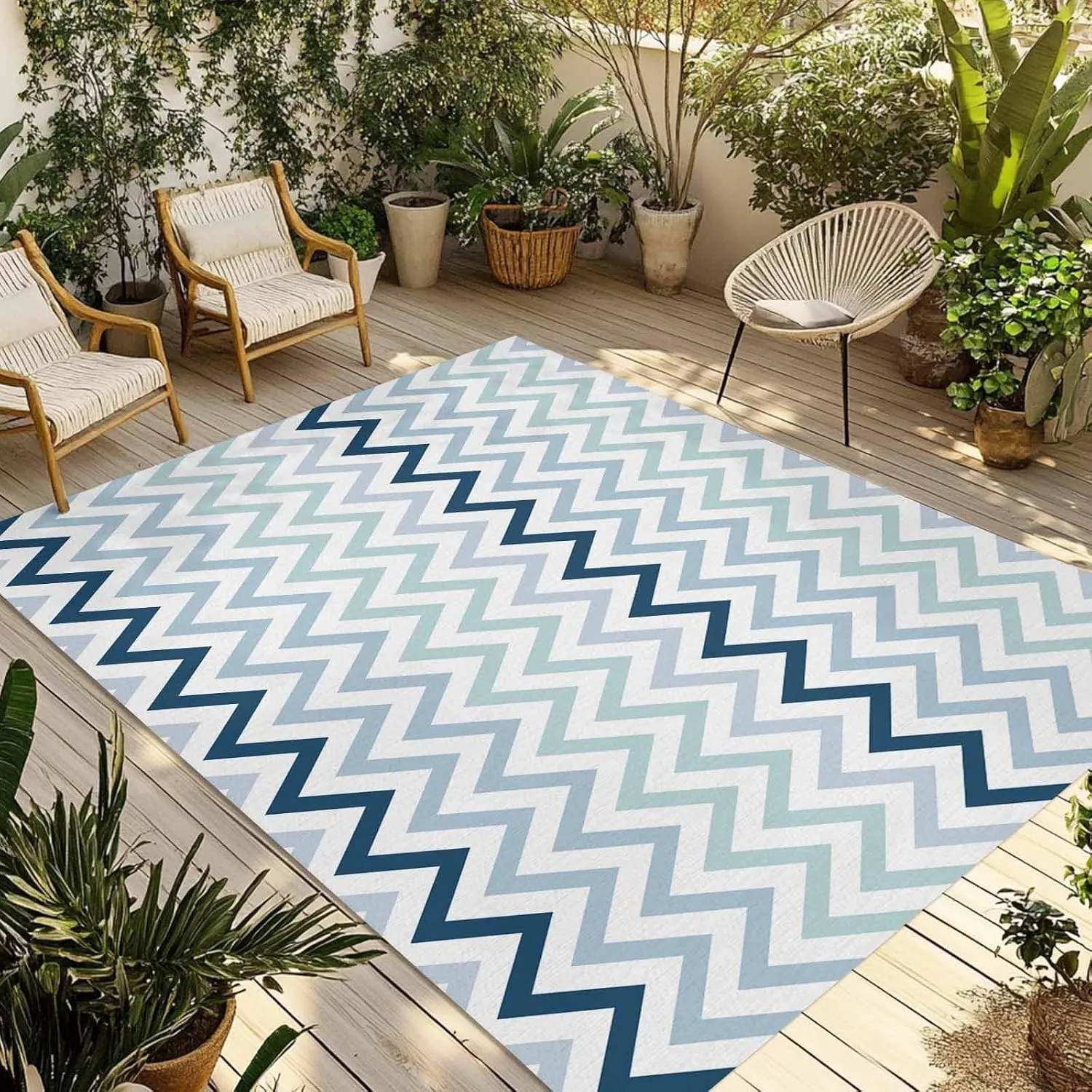 Gradient Blue Outdoor Rug 6x9ft Large Patio Rug,Washable RV Camping Outside Area Runner Rug Mat,Geometric Stripes Wave Chevron Pattern Carpet for Picnic Backyard Deck Porch Balcony Beach & Indoor