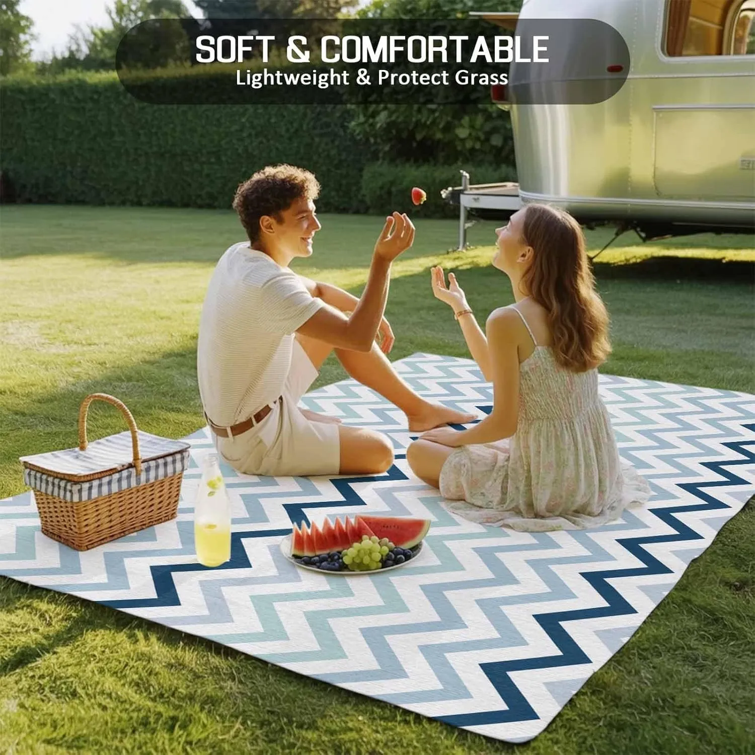 Gradient Blue Outdoor Rug 6x9ft Large Patio Rug,Washable RV Camping Outside Area Runner Rug Mat,Geometric Stripes Wave Chevron Pattern Carpet for Picnic Backyard Deck Porch Balcony Beach & Indoor