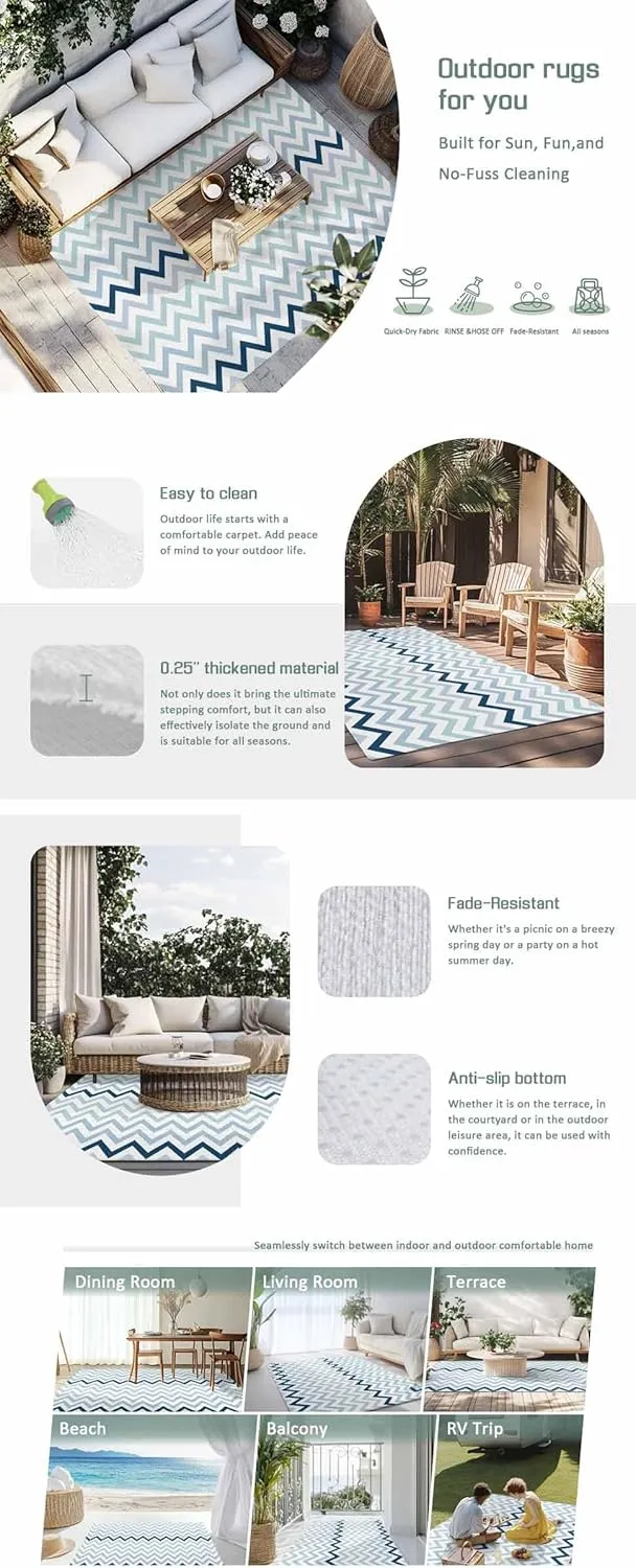 Gradient Blue Outdoor Rug 6x9ft Large Patio Rug,Washable RV Camping Outside Area Runner Rug Mat,Geometric Stripes Wave Chevron Pattern Carpet for Picnic Backyard Deck Porch Balcony Beach & Indoor