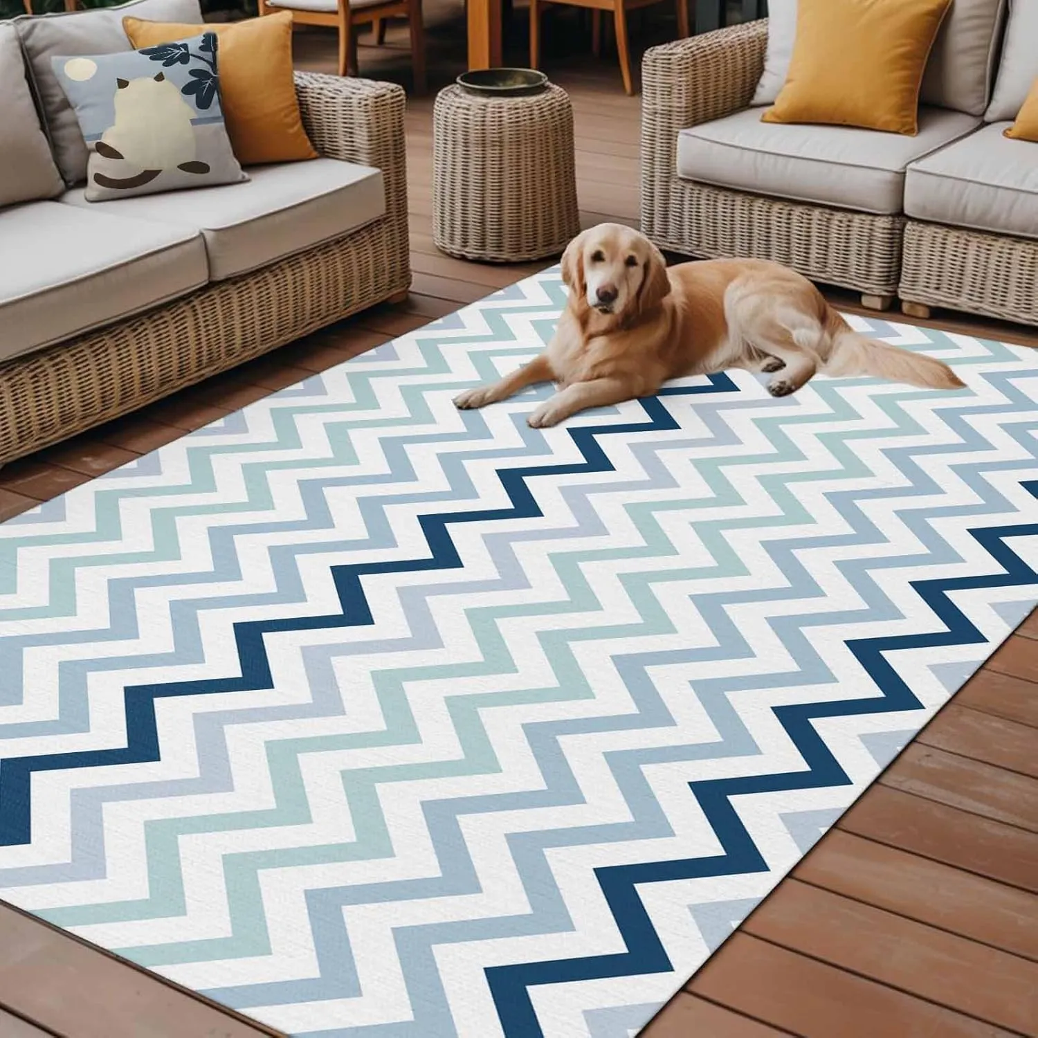Gradient Blue Outdoor Rug 6x9ft Large Patio Rug,Washable RV Camping Outside Area Runner Rug Mat,Geometric Stripes Wave Chevron Pattern Carpet for Picnic Backyard Deck Porch Balcony Beach & Indoor