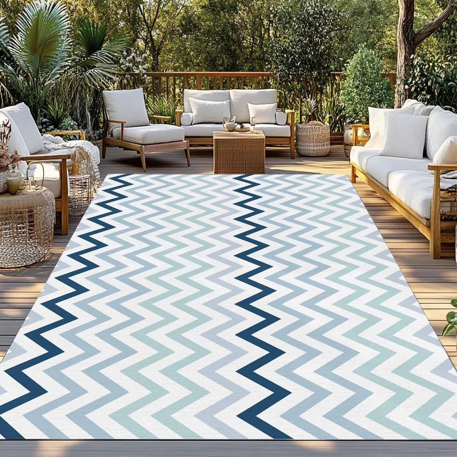 Gradient Blue Outdoor Rug 6x9ft Large Patio Rug,Washable RV Camping Outside Area Runner Rug Mat,Geometric Stripes Wave Chevron Pattern Carpet for Picnic Backyard Deck Porch Balcony Beach & Indoor