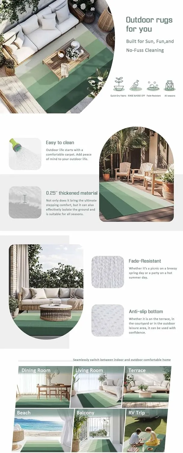 Green Grey Outdoor Patio Rug 6x9ft Large,Washable RV Camping Outside Area Runner Rug Mat,Geometric Onbre Stripes Minimalist Farmhouse Carpet for Picnic Backyard Deck Porch Balcony Beach & Indoor