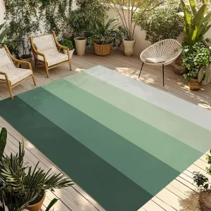 Green Grey Outdoor Patio Rug 6x9ft Large,Washable RV Camping Outside Area Runner Rug Mat,Geometric Onbre Stripes Minimalist Farmhouse Carpet for Picnic Backyard Deck Porch Balcony Beach & Indoor