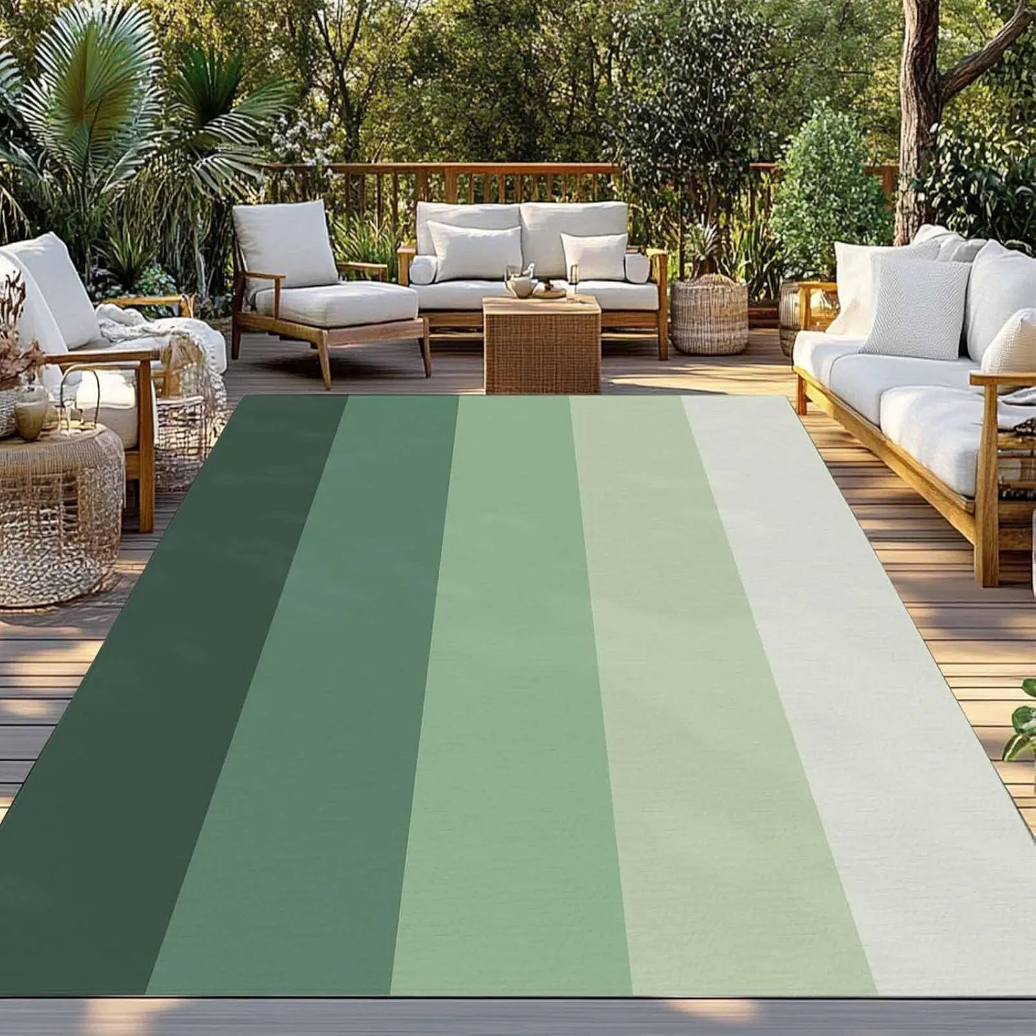 Green Grey Outdoor Patio Rug 6x9ft Large,Washable RV Camping Outside Area Runner Rug Mat,Geometric Onbre Stripes Minimalist Farmhouse Carpet for Picnic Backyard Deck Porch Balcony Beach & Indoor