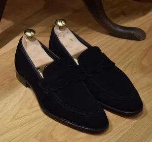 Handmade Black Suede Penny Loafers for Men