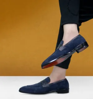 Handmade Navy Blue Suede Moccasin Loafers for Men