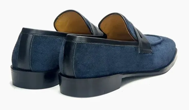 Handmade Navy Blue Suede Moccasin Loafers for Men