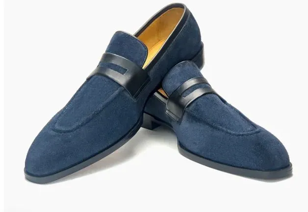 Handmade Navy Blue Suede Moccasin Loafers for Men