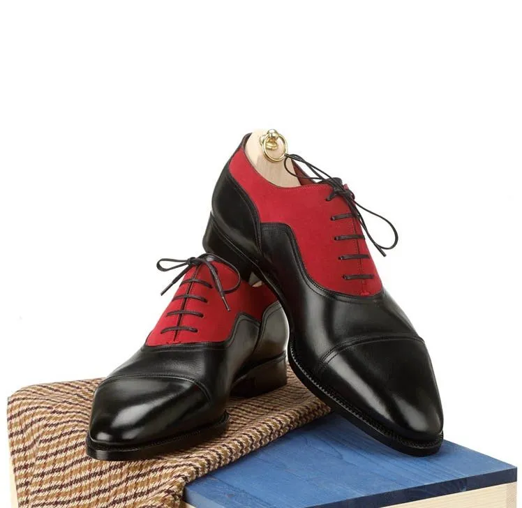 Handmade Two Tone Red and Black Oxford Dress Shoes