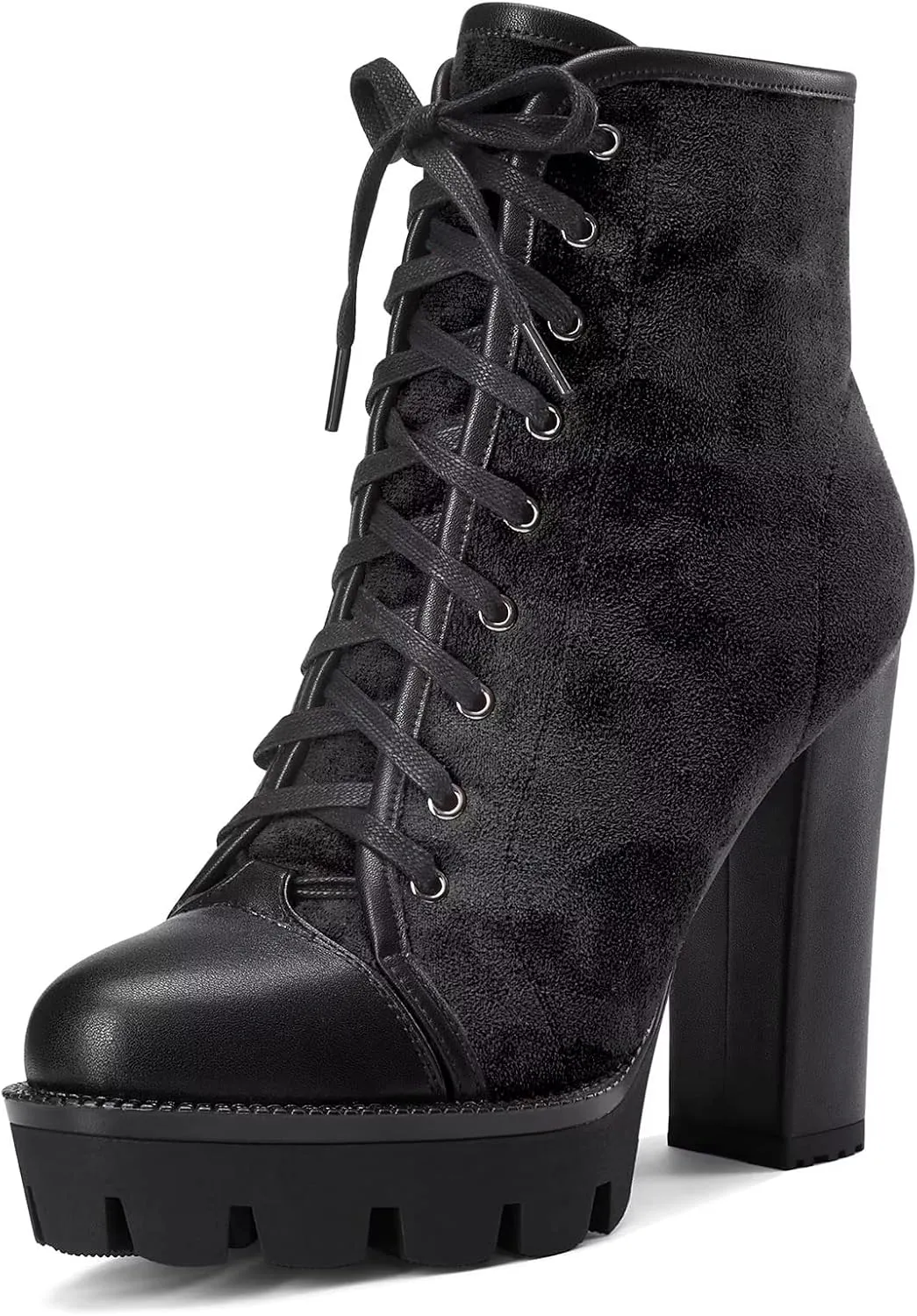 HDEUOLM Women High Chunky Block Platform Heel Round Toe Lace-up Zipper Ankle Boots Short Bootie Shoes
