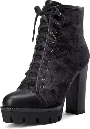 HDEUOLM Women High Chunky Block Platform Heel Round Toe Lace-up Zipper Ankle Boots Short Bootie Shoes