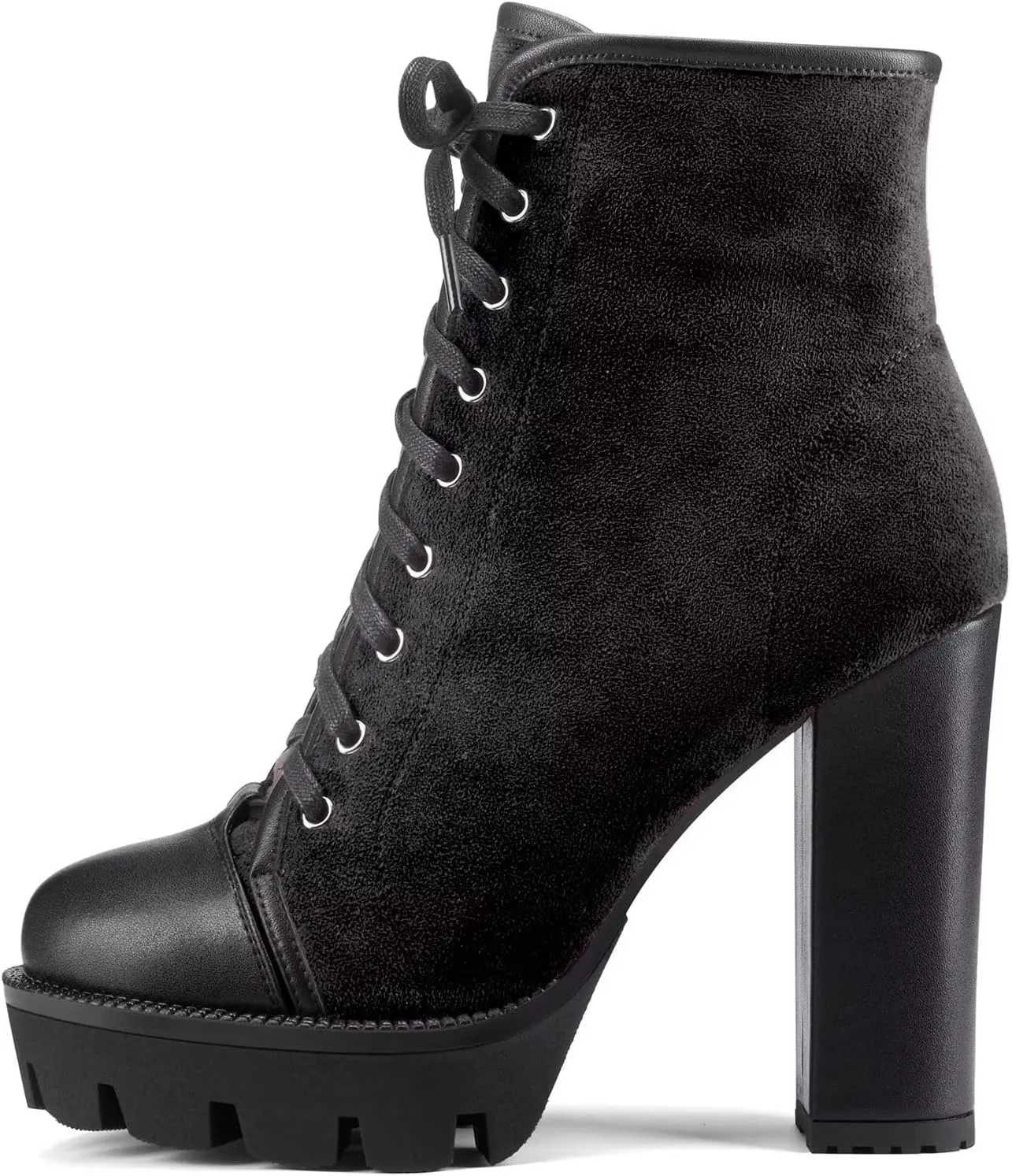 HDEUOLM Women High Chunky Block Platform Heel Round Toe Lace-up Zipper Ankle Boots Short Bootie Shoes