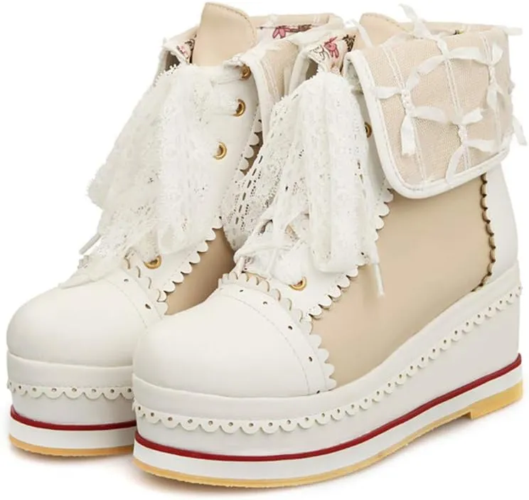 HILIB Women's Cute Lolita Boots Cosplay Brogue Wedge Boots
