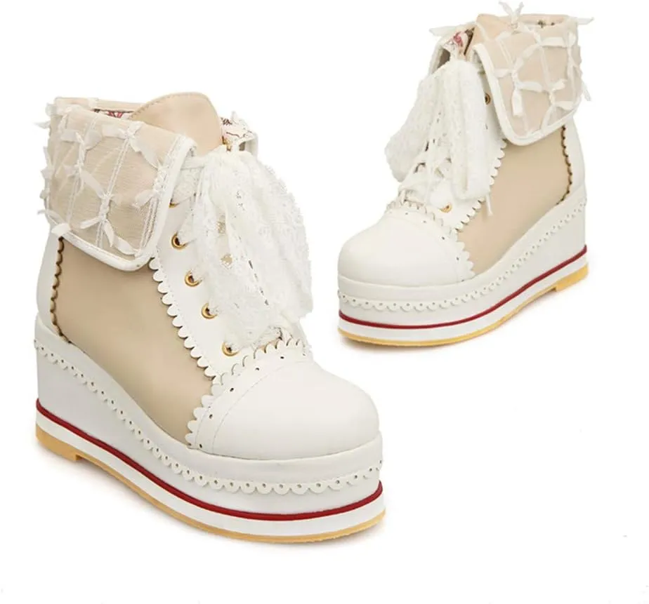 HILIB Women's Cute Lolita Boots Cosplay Brogue Wedge Boots