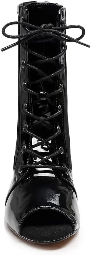 HIPPOSEUS Women's Net Yarn Latin Salsa Dance Booties Peep Toe Ballroom Ankle Boots Lace up Heels Class Dance Shoes