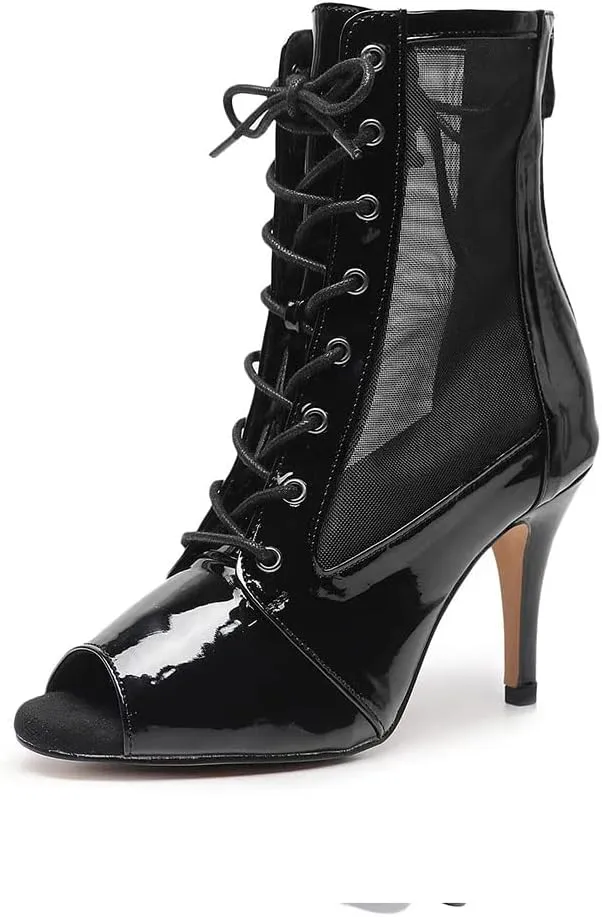 HIPPOSEUS Women's Net Yarn Latin Salsa Dance Booties Peep Toe Ballroom Ankle Boots Lace up Heels Class Dance Shoes