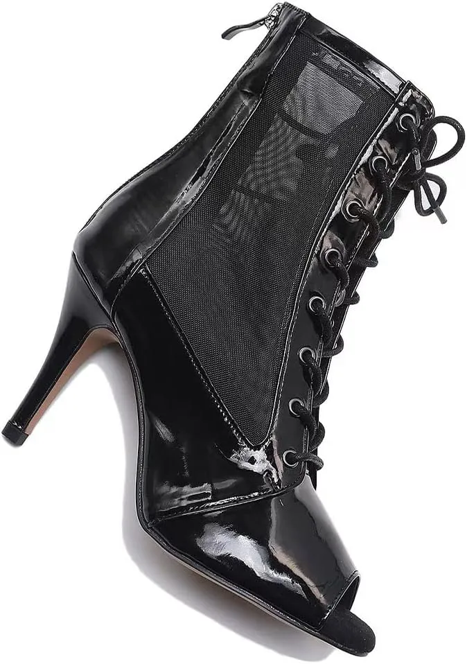HIPPOSEUS Women's Net Yarn Latin Salsa Dance Booties Peep Toe Ballroom Ankle Boots Lace up Heels Class Dance Shoes