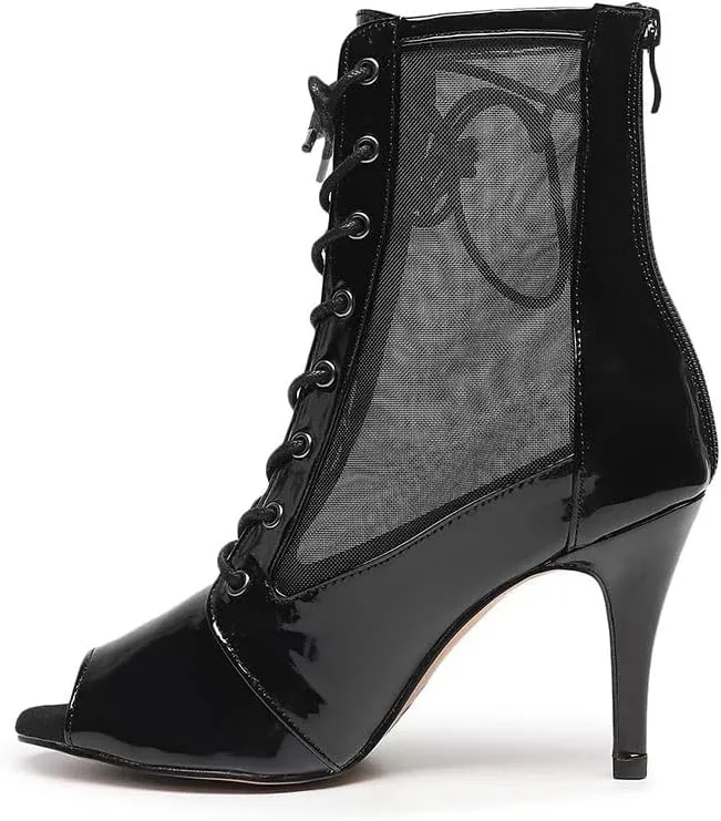HIPPOSEUS Women's Net Yarn Latin Salsa Dance Booties Peep Toe Ballroom Ankle Boots Lace up Heels Class Dance Shoes