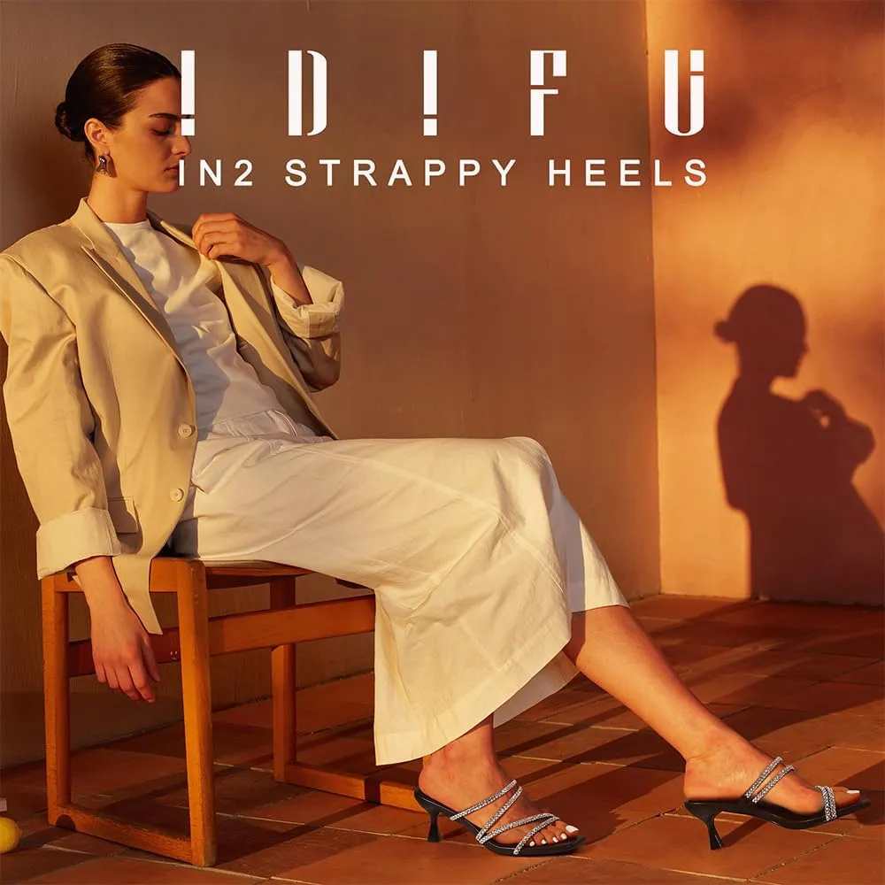 IDIFU IN2 Rhinestone Heels Strappy Low Kitten Square Open Toe Mule Heels Wedding Bridal Prom Party Dress Shoes for Women Comfortable Dressy Formal Sparkly Slip On Heeled Sandals