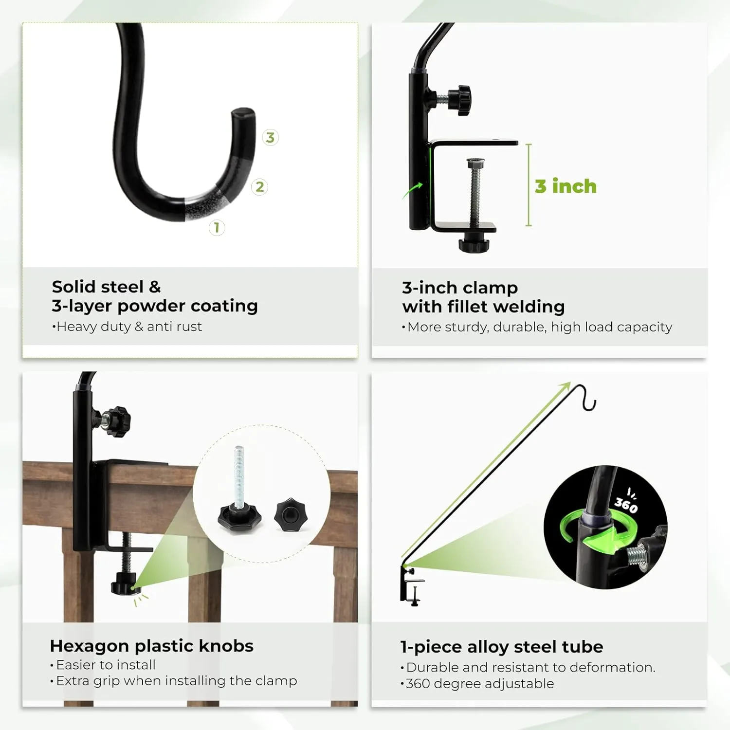 Idzo Deck Hook for Bird Feeder, 43in Deck Bird Feeder, Plant Hanger for Railing, 3in Non-Slip Clamp