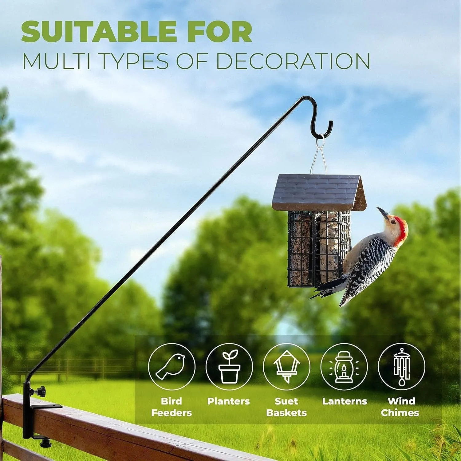 Idzo Deck Hook for Bird Feeder, 43in Deck Bird Feeder, Plant Hanger for Railing, 3in Non-Slip Clamp