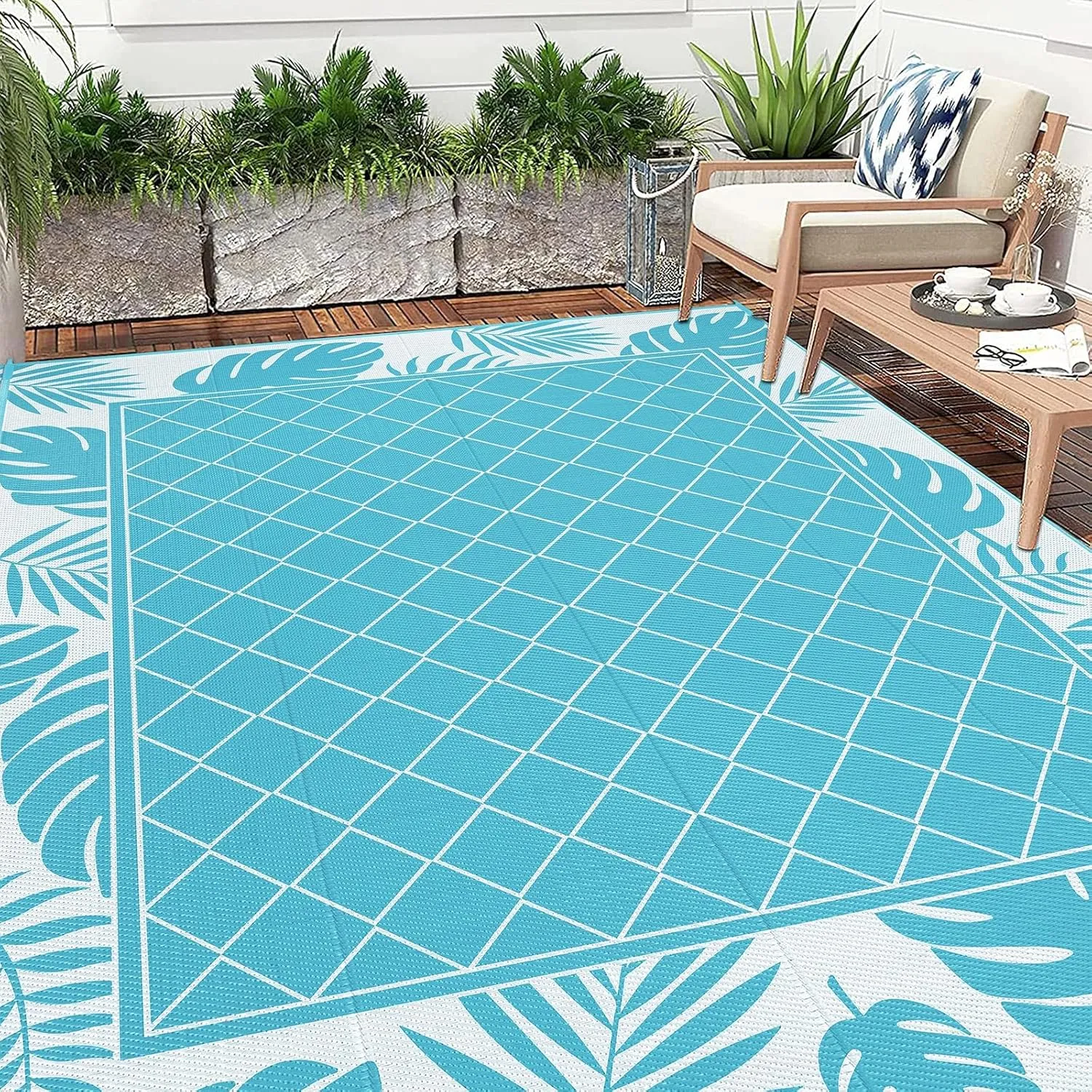 Ileading Outdoor Rug Carpet for Patio 8' x10' Waterproof Reversible Plastic Straw Rug Portable Outside Area Rug Camping Mat for Patio, Clearance, Balcony, Picnic, Pool, Beach, RV, Deck, Teal
