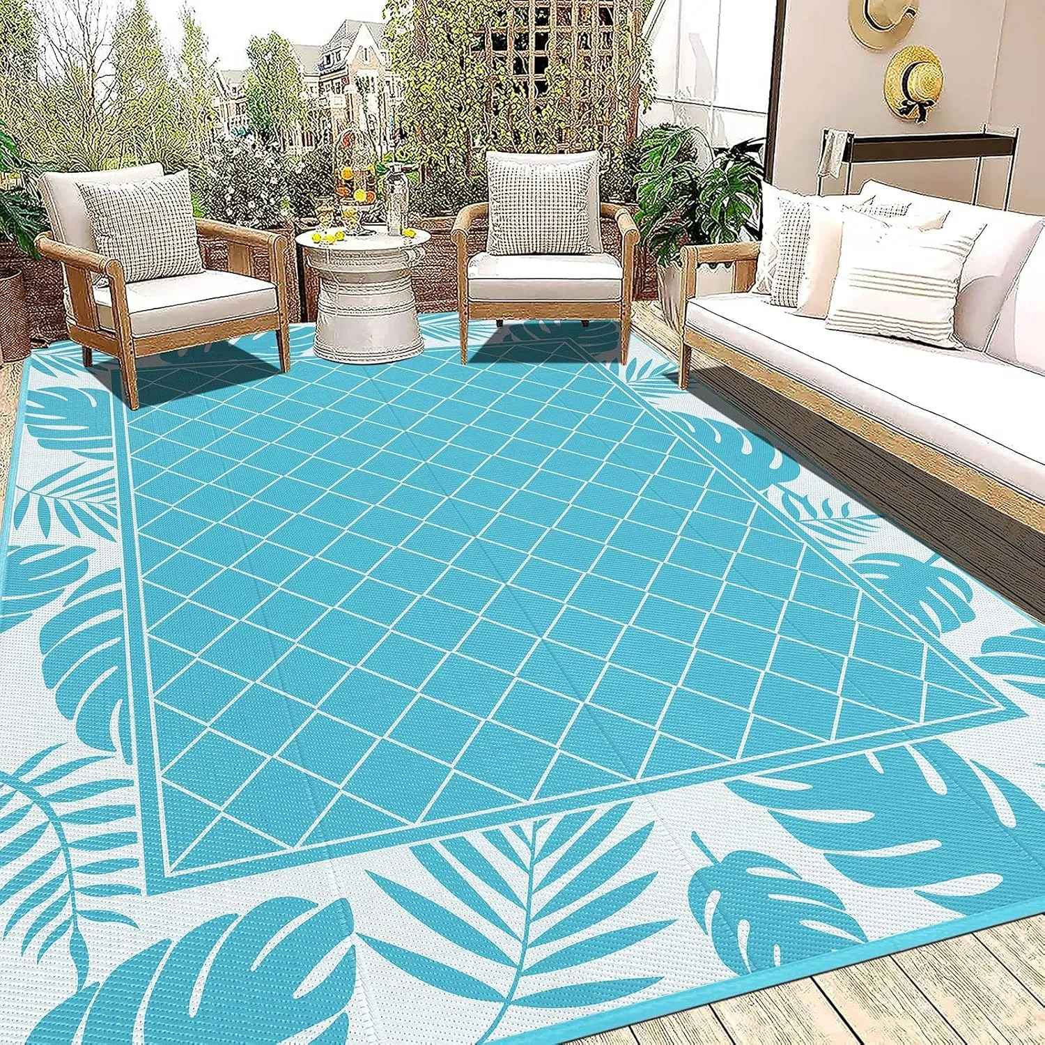 Ileading Outdoor Rug Carpet for Patio 8' x10' Waterproof Reversible Plastic Straw Rug Portable Outside Area Rug Camping Mat for Patio, Clearance, Balcony, Picnic, Pool, Beach, RV, Deck, Teal