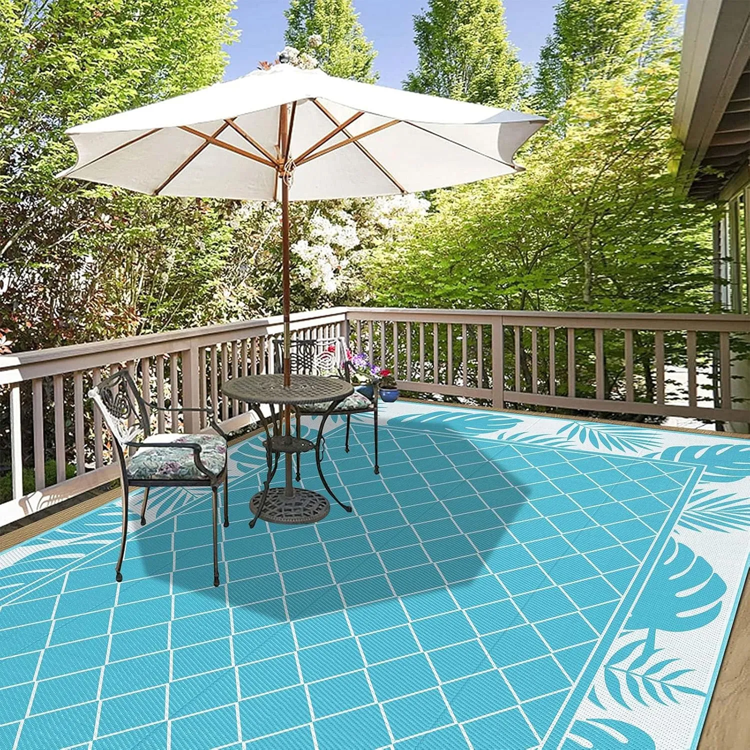 Ileading Outdoor Rug Carpet for Patio 8' x10' Waterproof Reversible Plastic Straw Rug Portable Outside Area Rug Camping Mat for Patio, Clearance, Balcony, Picnic, Pool, Beach, RV, Deck, Teal
