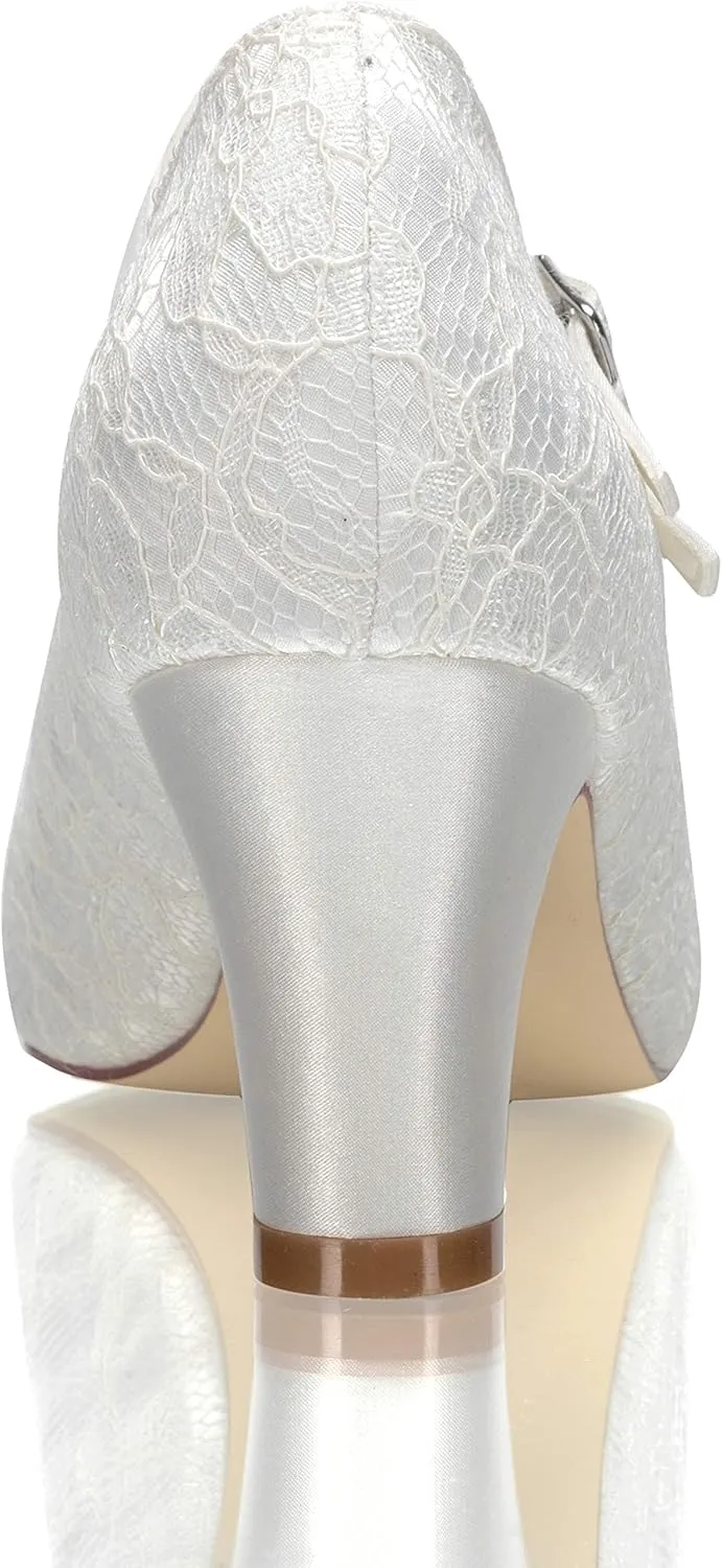 JIAJIA 62314 Women's Bridal Shoes Closed Toe 2.75'' Block Mid Heel Lace Satin Pumps Wedding Shoes