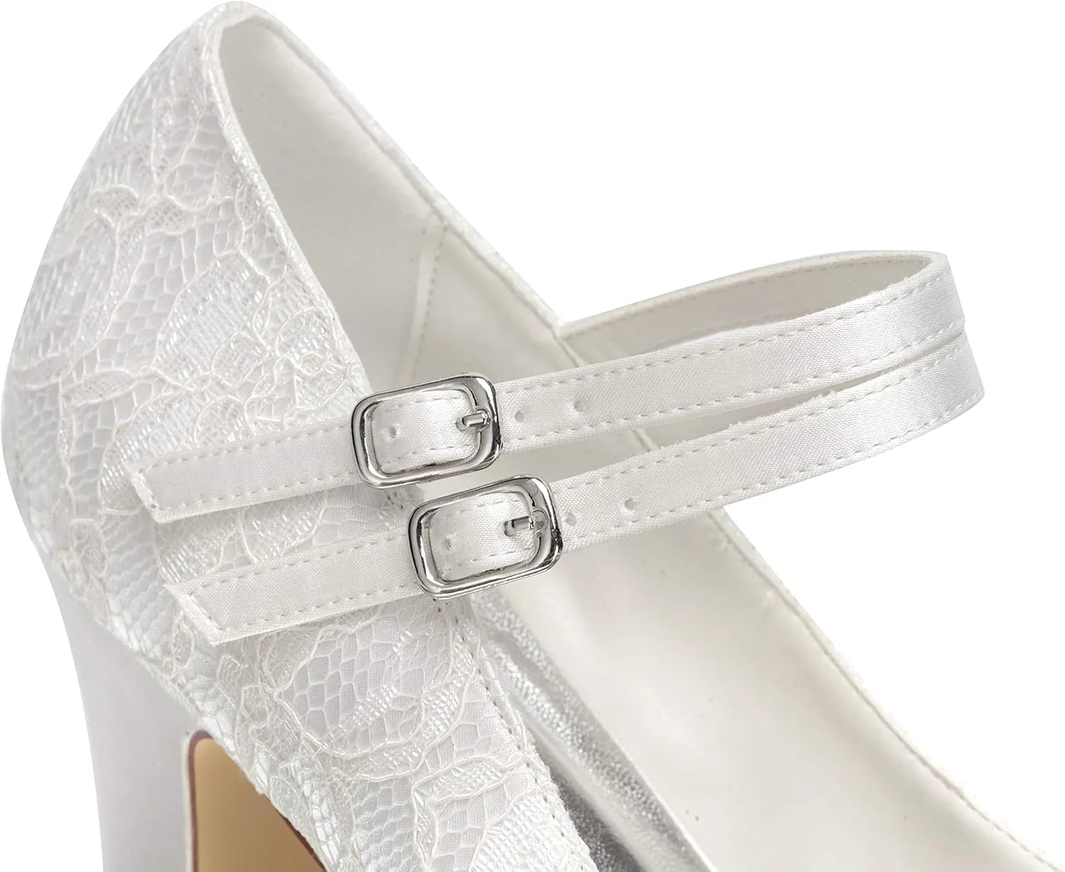 JIAJIA 62314 Women's Bridal Shoes Closed Toe 2.75'' Block Mid Heel Lace Satin Pumps Wedding Shoes