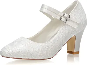 JIAJIA 62314 Women's Bridal Shoes Closed Toe 2.75'' Block Mid Heel Lace Satin Pumps Wedding Shoes