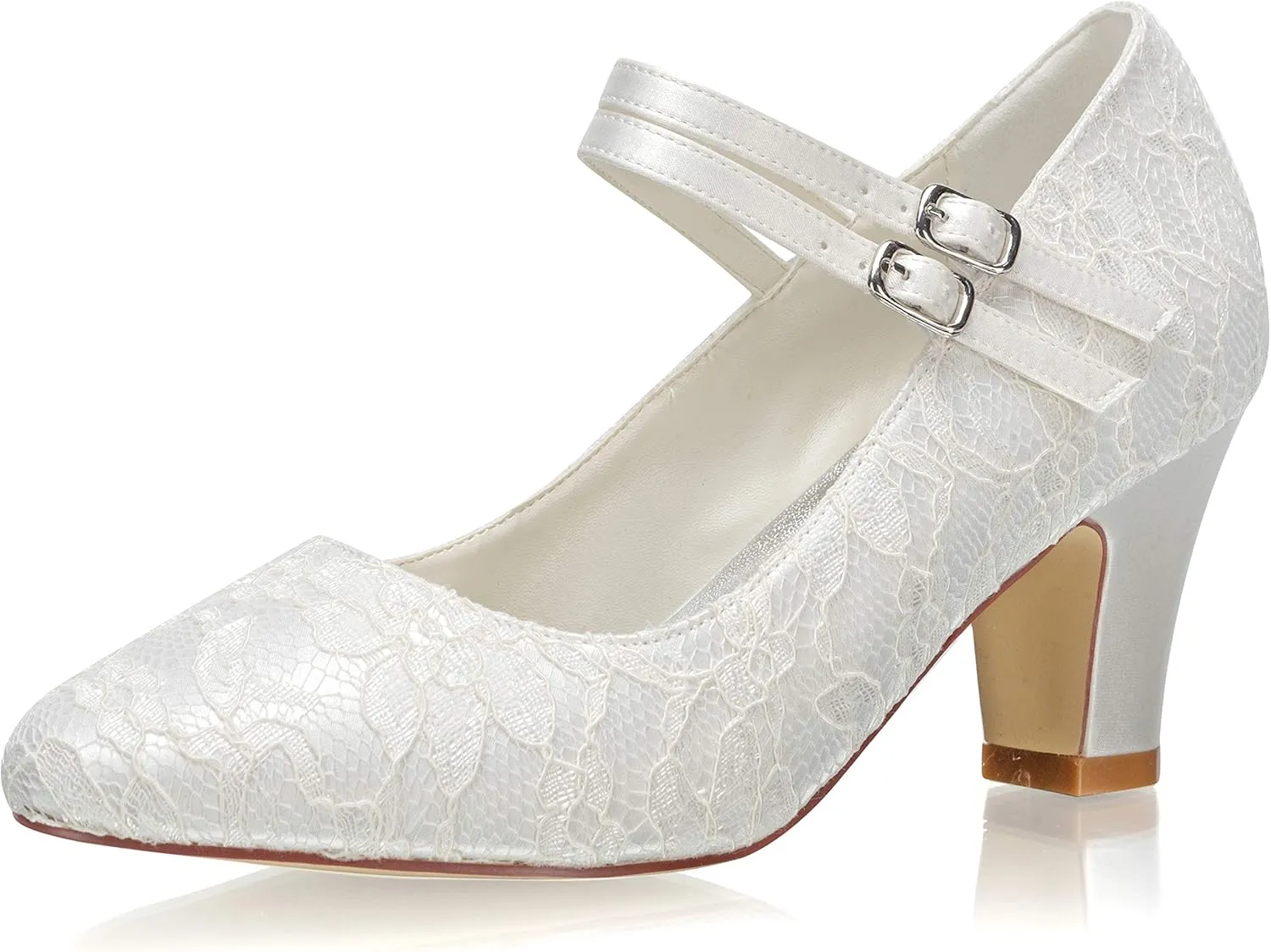 JIAJIA 62314 Women's Bridal Shoes Closed Toe 2.75'' Block Mid Heel Lace Satin Pumps Wedding Shoes