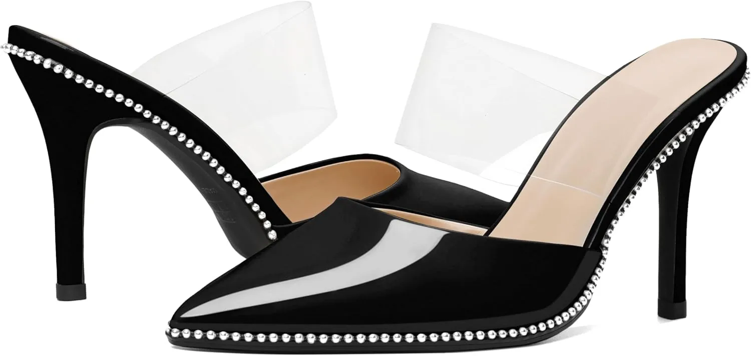 Joseywade Women's Heeled Mules Beaded Sandals Stilettos Heels Pointed Closed Toe Clear PVC Ankle Strap Patent Fashion Dress Shoes