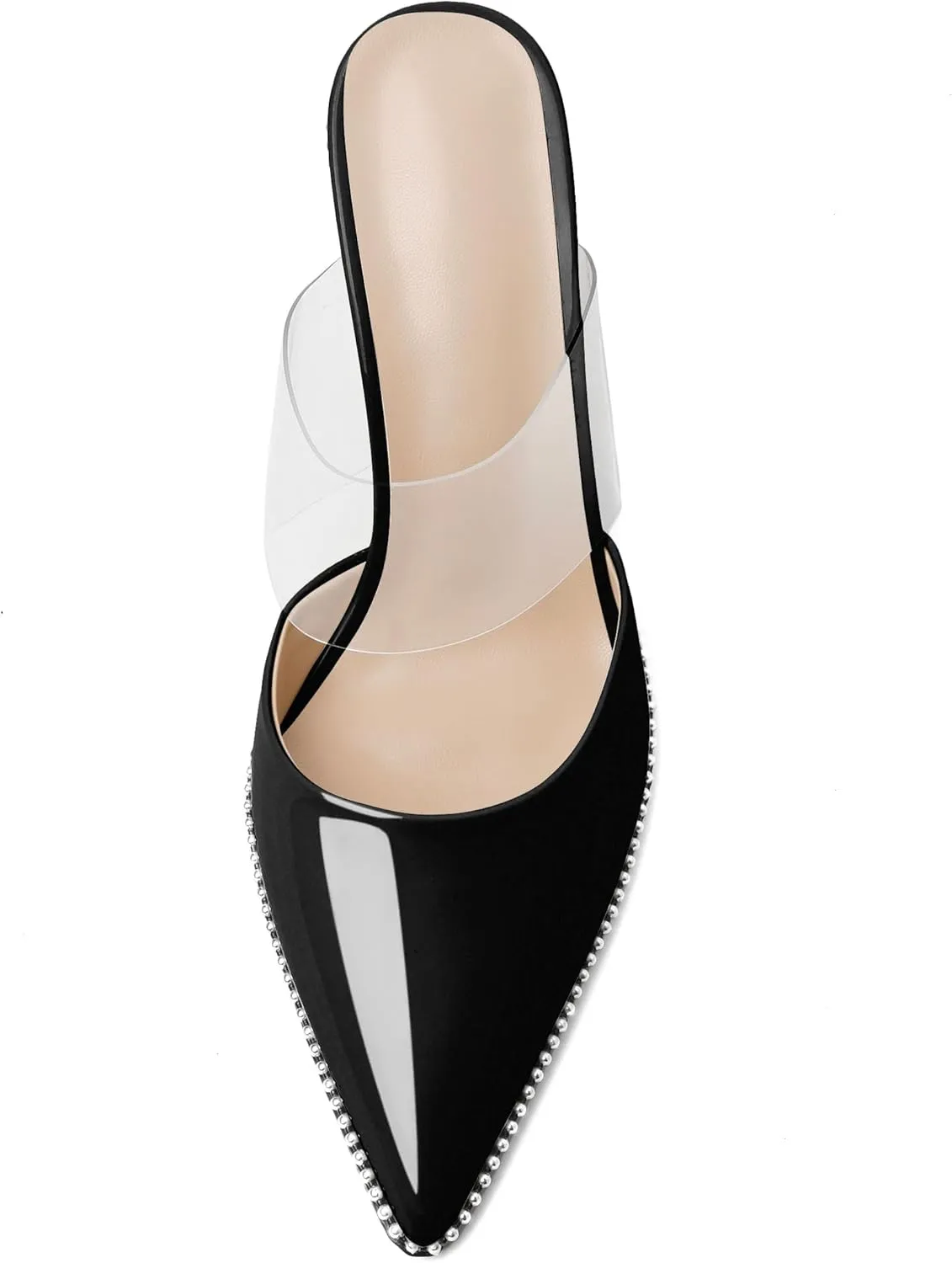 Joseywade Women's Heeled Mules Beaded Sandals Stilettos Heels Pointed Closed Toe Clear PVC Ankle Strap Patent Fashion Dress Shoes
